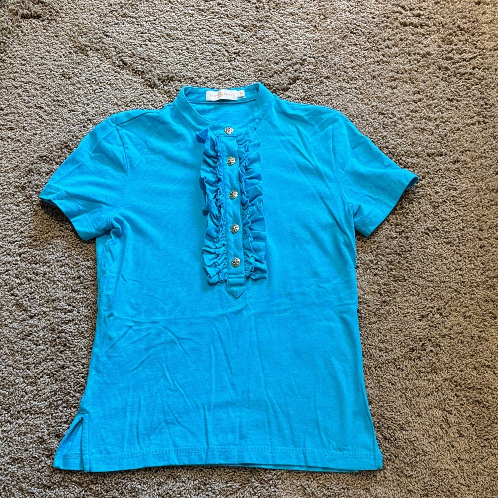 Tory Burch Short Sleeve Romilly Ruffle Polo Shirt